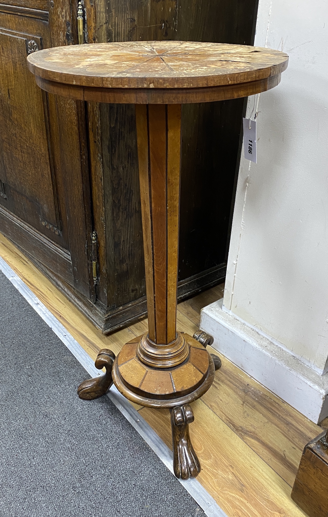 A 19th century Continental circular specimen wood wine table, diameter 38cm, height 73cm